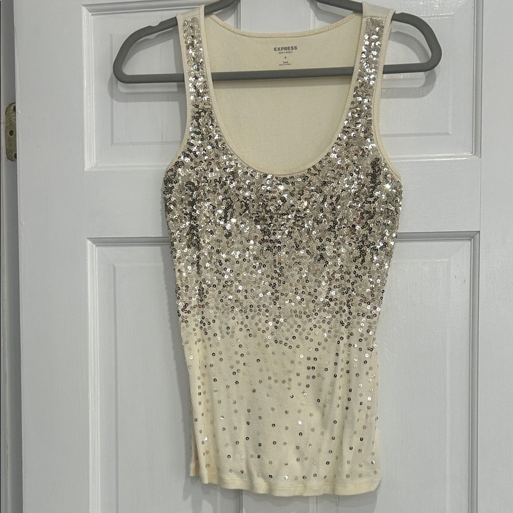 Express Cream Sequin Scoop Neck Tank